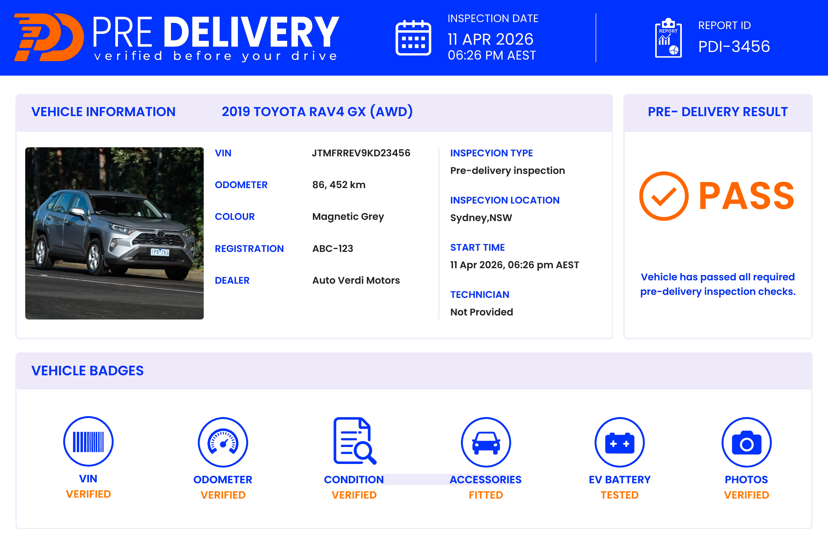 Pre Delivery inspection report with vehicle information, pass result, and verification badges